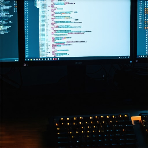 Hacker workspace with monitors showing Python code and Hugging Face interface