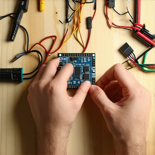 Hands wiring an AI energy sensor on a workbench for home efficiency