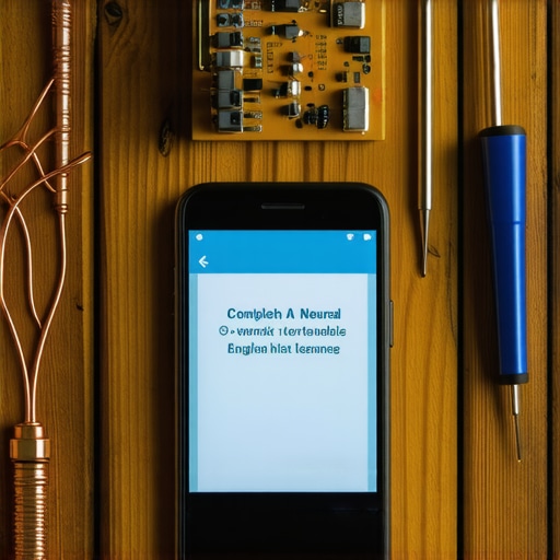 DIY AI English Training Station Close-up of a DIY AI language learning setup on a workshop table with tools and microphone.