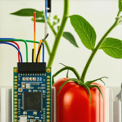 A hand-assembled ESP32 soil moisture monitoring system in a realistic garden setting.