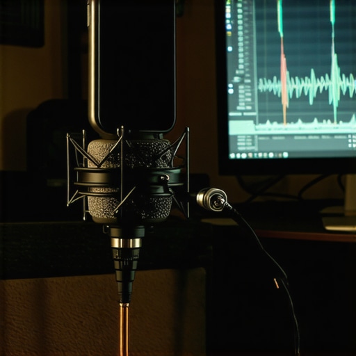 A gritty DIY home music studio using a smartphone, wire hanger pop filter, and AI software on a laptop.