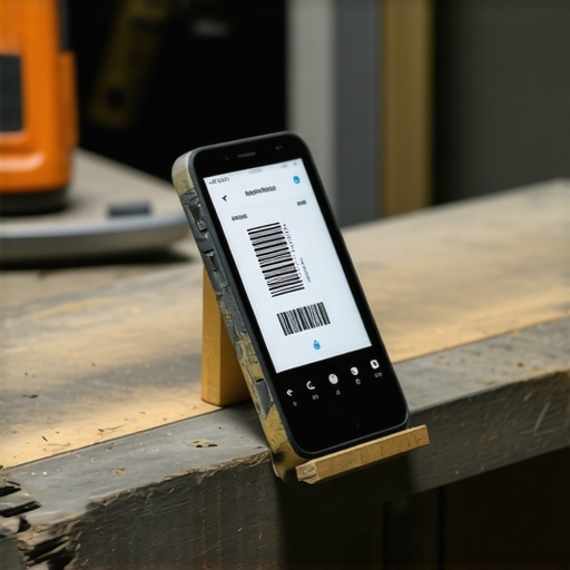 Close-up of a smartphone scanning inventory in a workshop environment using AI