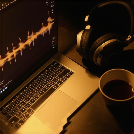 Close up of laptop with AI music generation software and professional headphones