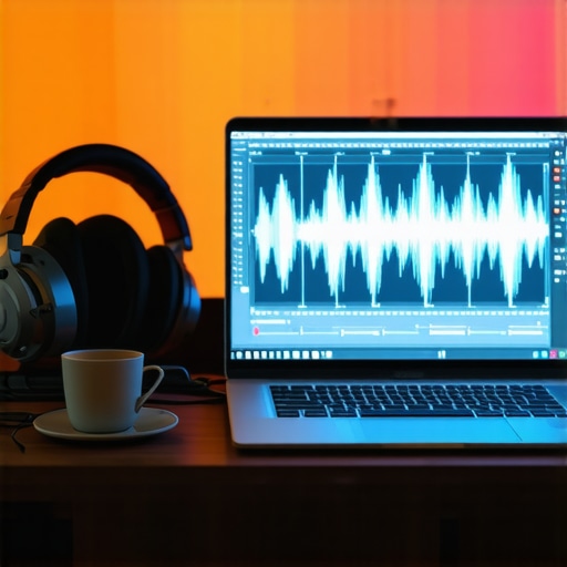 Gritty workshop desk with laptop and headphones for AI music creation