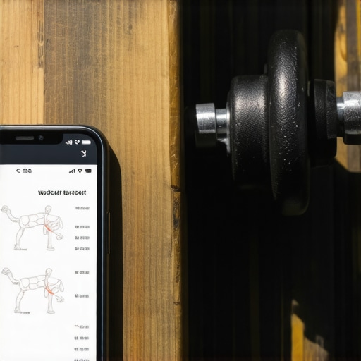 Smartphone with AI workout plan next to a gym dumbbell on a wooden bench