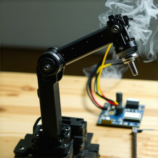 Robotska ruka sa ESP32 kontrolerom i vidljivim žicama na radnom stolu