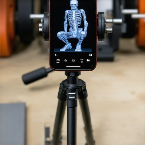 Smartphone on tripod analyzing gym workout with AI skeletal tracking