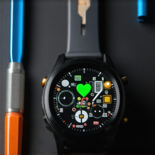 DIY AI Watch Modification Setup Smartwatch with exposed circuits and glowing sensor on a workbench