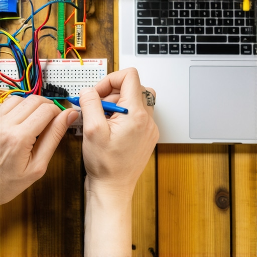 Hands working on electronic components with AI code on background monitor