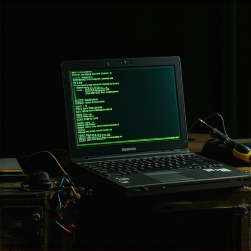 DIY Cyber Security Workshop Digital security tools on a wooden workbench with an old laptop and tools.