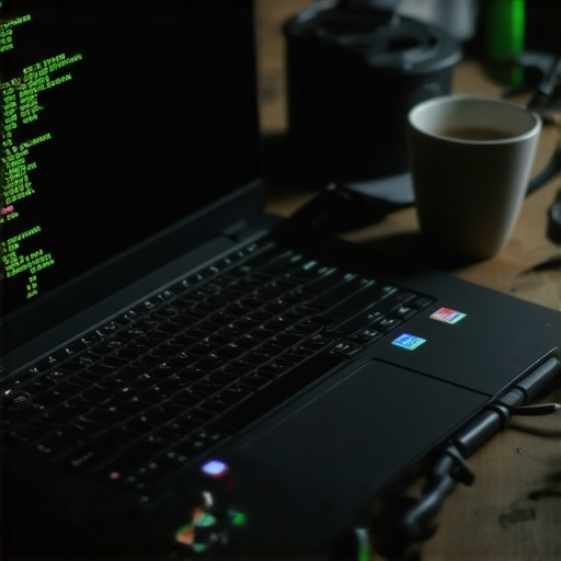 Stari laptop sa kodom u mračnoj radionici kao simbol DIY učenja vještačke inteligencije