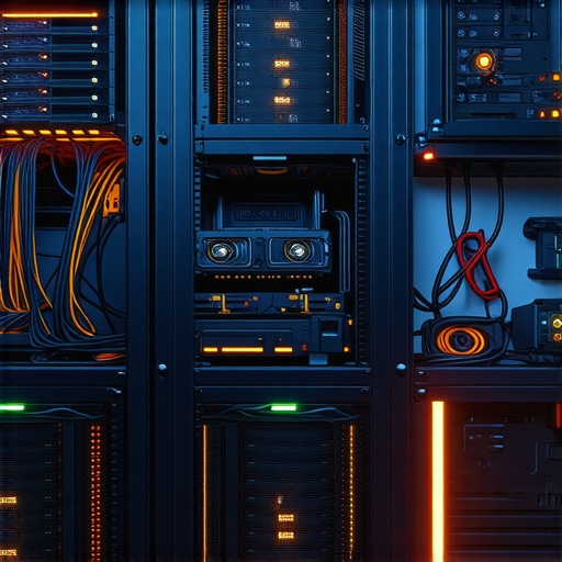 Inside a gritty DIY workshop with powerful computing hardware and tools for AI development.