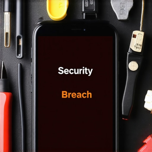 Smartphone prikazuje upozorenje o provali u sistem na radnom stolu sa alatima