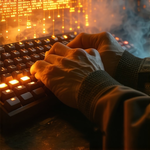 Čovjek radi na razvoju AI promptova u tamnoj, industrijskoj atmosferi sa hologramskim kodovima.