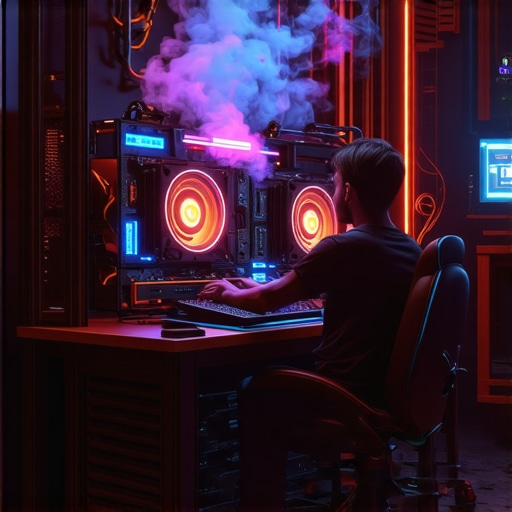 Moćna AI radna stanica sa GPU hlađenjem u mračnoj radionici