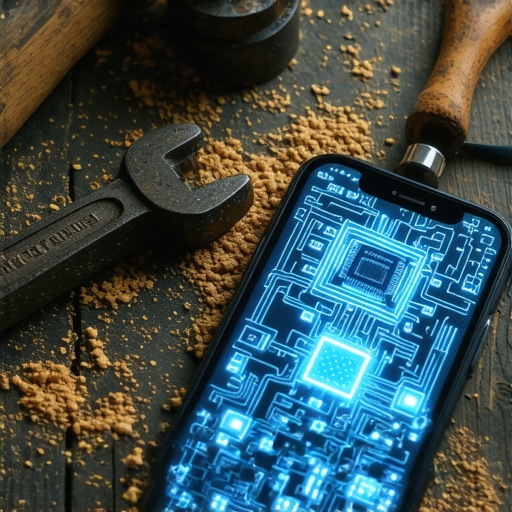 Smartfon na radioničkom stolu pokriven piljevinom sa AI simbolima na ekranu