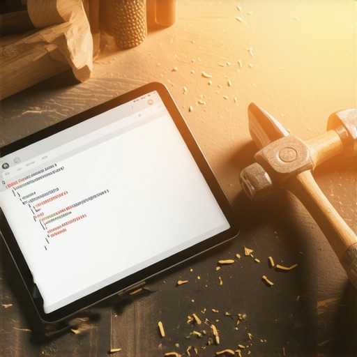 Tablet sa JSON kodom pored čekića i piljevine u radionici