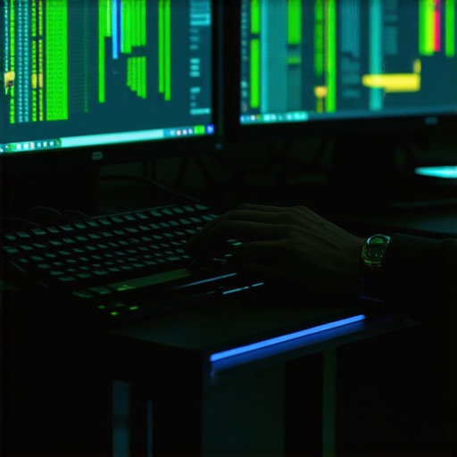 Freelancer radi na AI projektima u mračnoj sobi sa modernom opremom