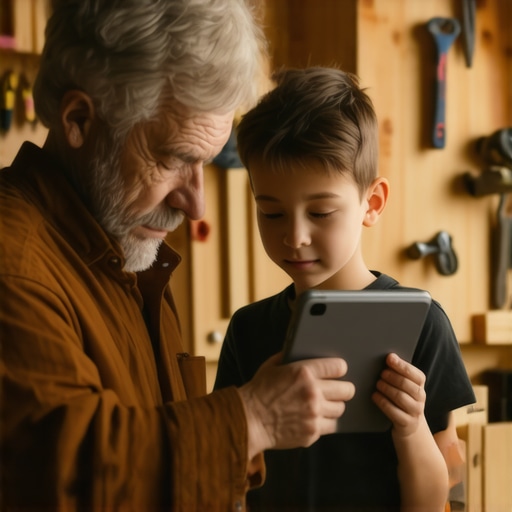 Djed u radionici pokazuje unuku rad na tabletu uz stare zanatske alate