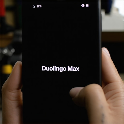 Duolingo Max AI Interface in Workshop Environment Smartphone showing Duolingo Max AI conversation held by a person in a workshop