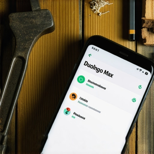 Smartfon sa Duolingo Max aplikacijom pored alata u radionici