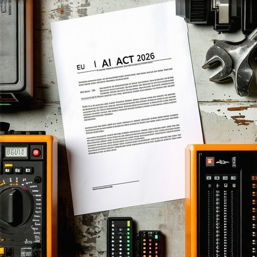 Serious legal documents and industrial tools representing the strict requirements of EU AI Act 2026 for small businesses.