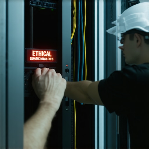 Etički kontrolni sistem za korporativni AI Server rack sa oznakom za etičke sigurnosne protokole u firmi