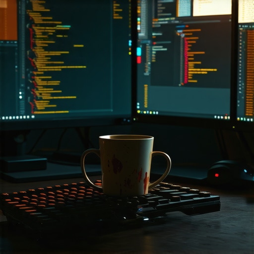 Gritty developer desk with coding monitors and AI tools