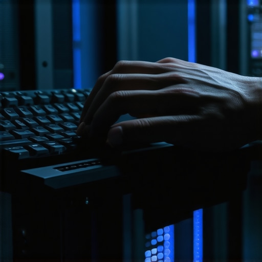 Programer radi u serverskoj sobi pod plavim svjetlom, fokus na tastaturu