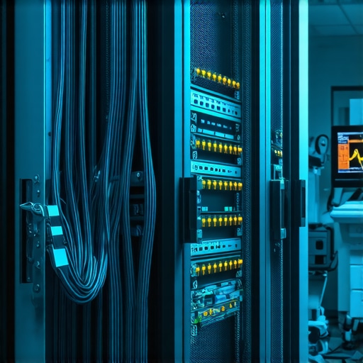 Industrijska instalacija AI servera u bolnici Čelični serverski ormar sa kablovima i medicinskom opremom u pozadini