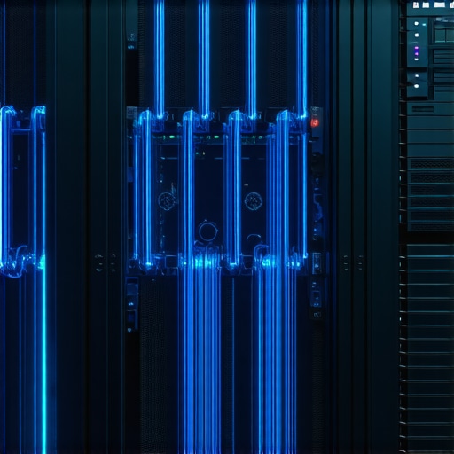 AI server rack sa tečnim hlađenjem i plavim LED svjetlima
