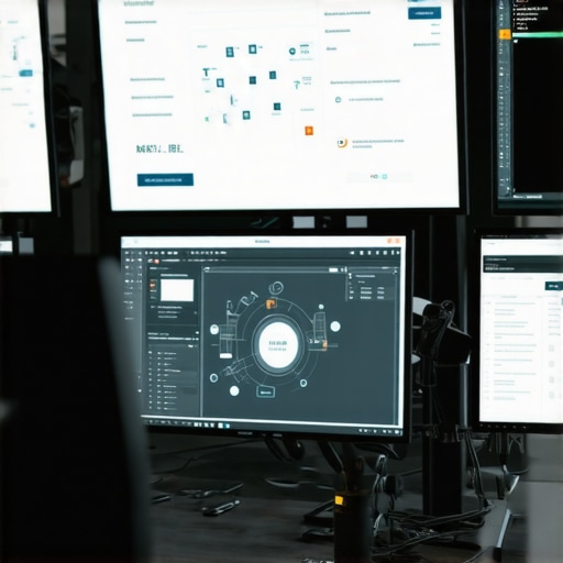 Radni prostor za razvoj AI aplikacija bez koda sa monitorima i logičkim dijagramima.