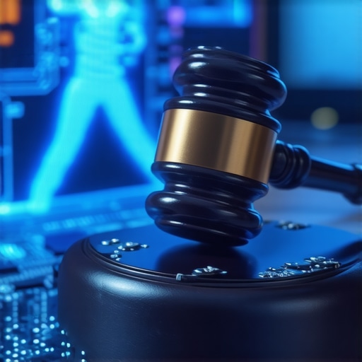 Sudski čekić na elektronskom kolu simbolizuje pravnu zaštitu u AI generisanju slika