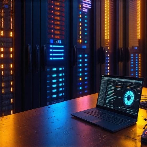 Unutrašnjost server sale sa fokusom na grafičku karticu i radni sto programera majstora