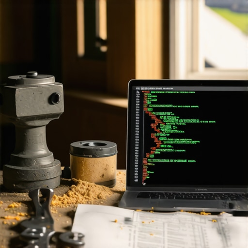 Laptop sa kodom u mehaničarskoj radionici okružen alatima i piljevinom