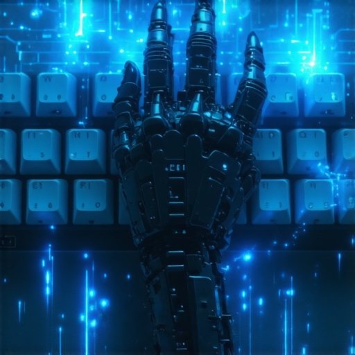 Krupni plan robotske ruke koja kuca na staroj tastaturi prikazujući spoj starog rada i nove AI tehnologije