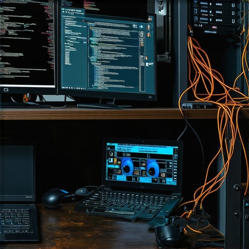 Gritty workshop with AI servers and code on screens representing an AI portfolio setup