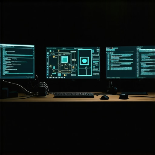 Radna soba sa monitorima koji prikazuju AI kod i mrežnu opremu