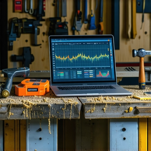 Moderni AI alat u tradicionalnoj radioni Laptop sa AI podacima na radnom stolu majstora