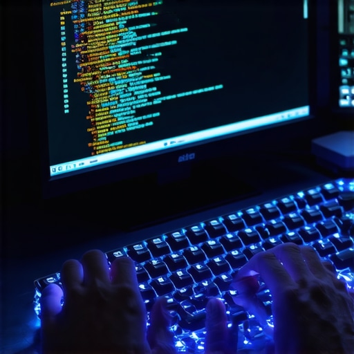 Mehanička tastatura i monitor sa AI alatima za pisanje u tamnoj sobi