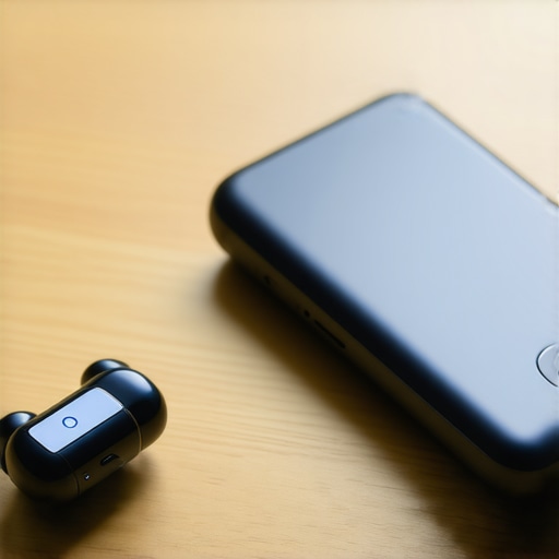 Ručni AI prevodilac i slušalice na drvenom stolu