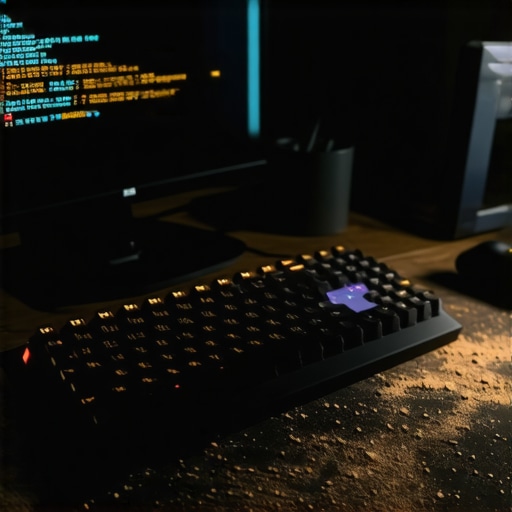 Moderni DIY AI radni prostor Radni sto sa tastaturom i monitorom koji prikazuje AI kod za bosanski jezik