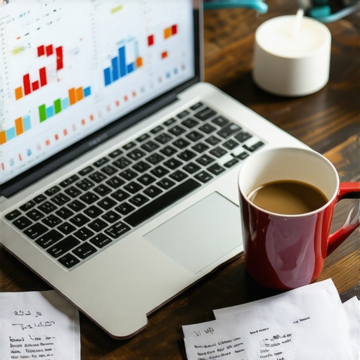 Laptop sa grafikonima i podacima na tamnom stolu uz kafu