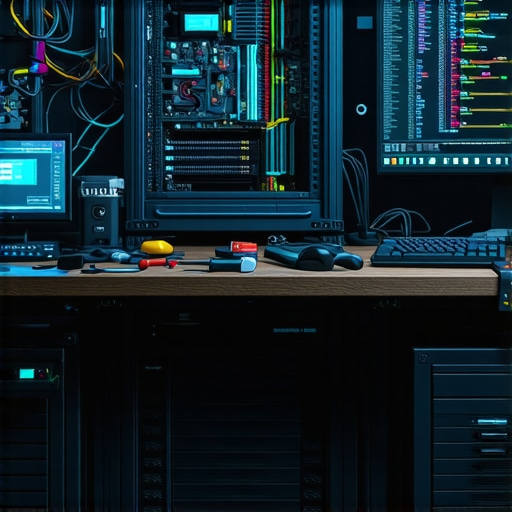 Professional AI engineer workspace with server hardware and NLP code