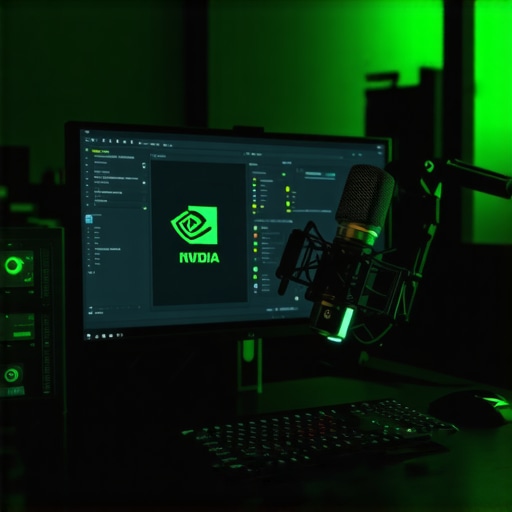 Professional workspace showing Nvidia Broadcast setup and RTX hardware