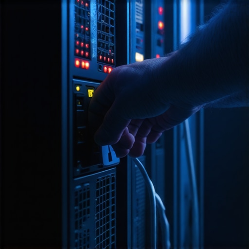 Majstor podešava siguran lokalni AI server u mračnoj prostoriji sa upozorenjima o sigurnosti