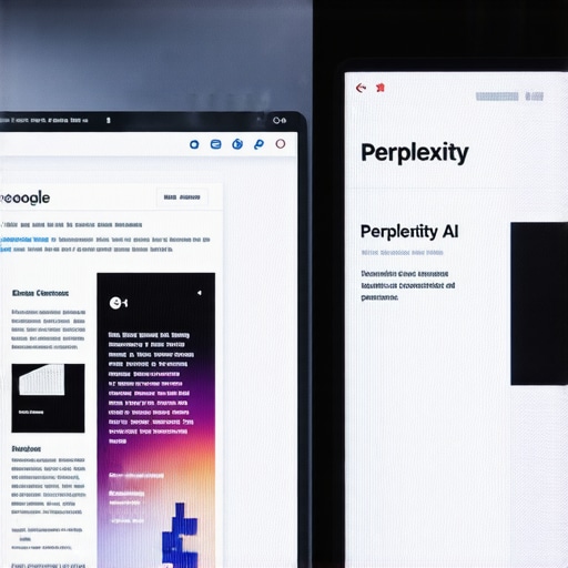 Perplexity AI vs Google Workspace Comparison Comparison between cluttered Google search results and clean Perplexity AI interface in a professional setting.