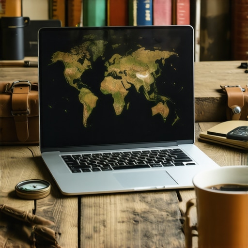 Laptop sa mapom i putnom opremom na drvenom stolu