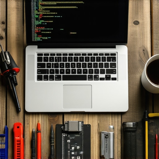 Podešavanje bota u digitalnoj radionici Laptop sa kodom za automatizaciju mailova na radnom stolu punom alata