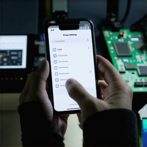 Ruke koje podešavaju DNS i privatnost na pametnom telefonu u radionici